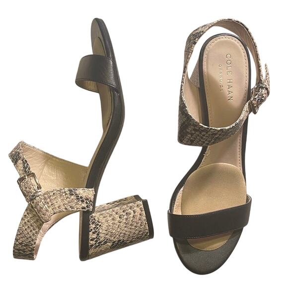 Cole Haan Women's Black and Snake Print Block Heel Sandals. 6B - Picture 1 of 6